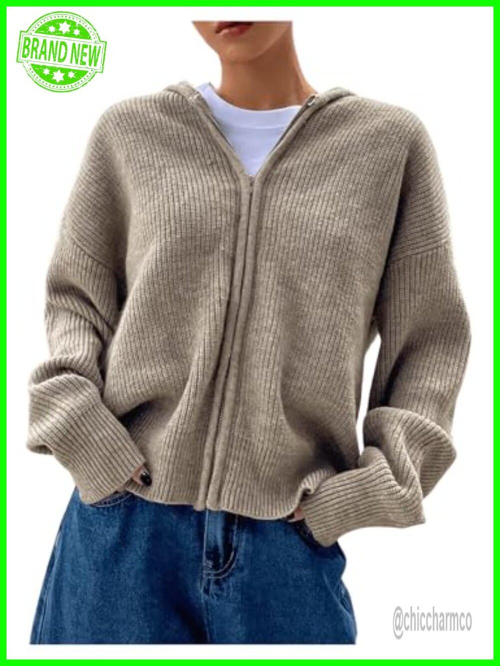 Zip Up Hooded Rib Knit Cardigan Sweater Jacket